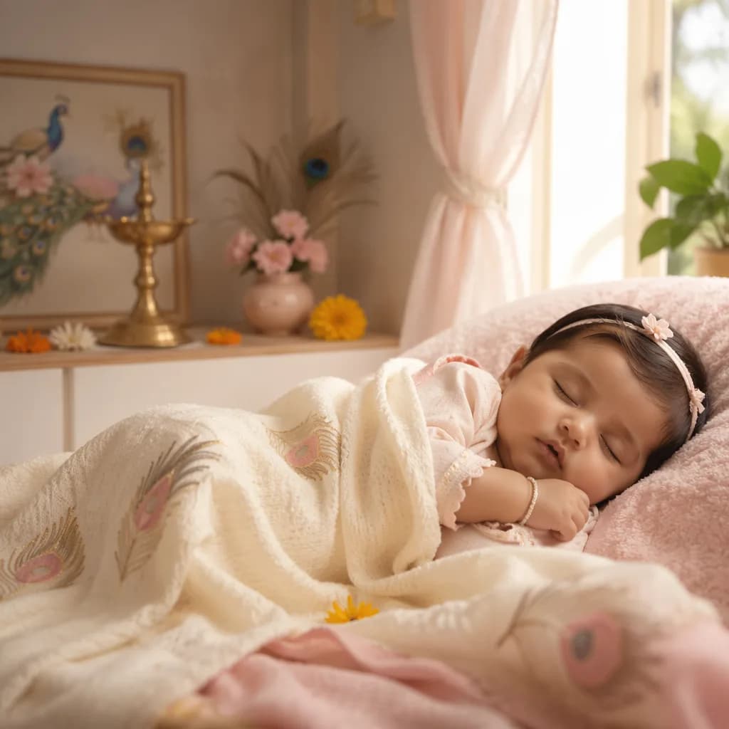 Sleeping baby in a soft pastel nursery with gentle Indian-inspired decor.