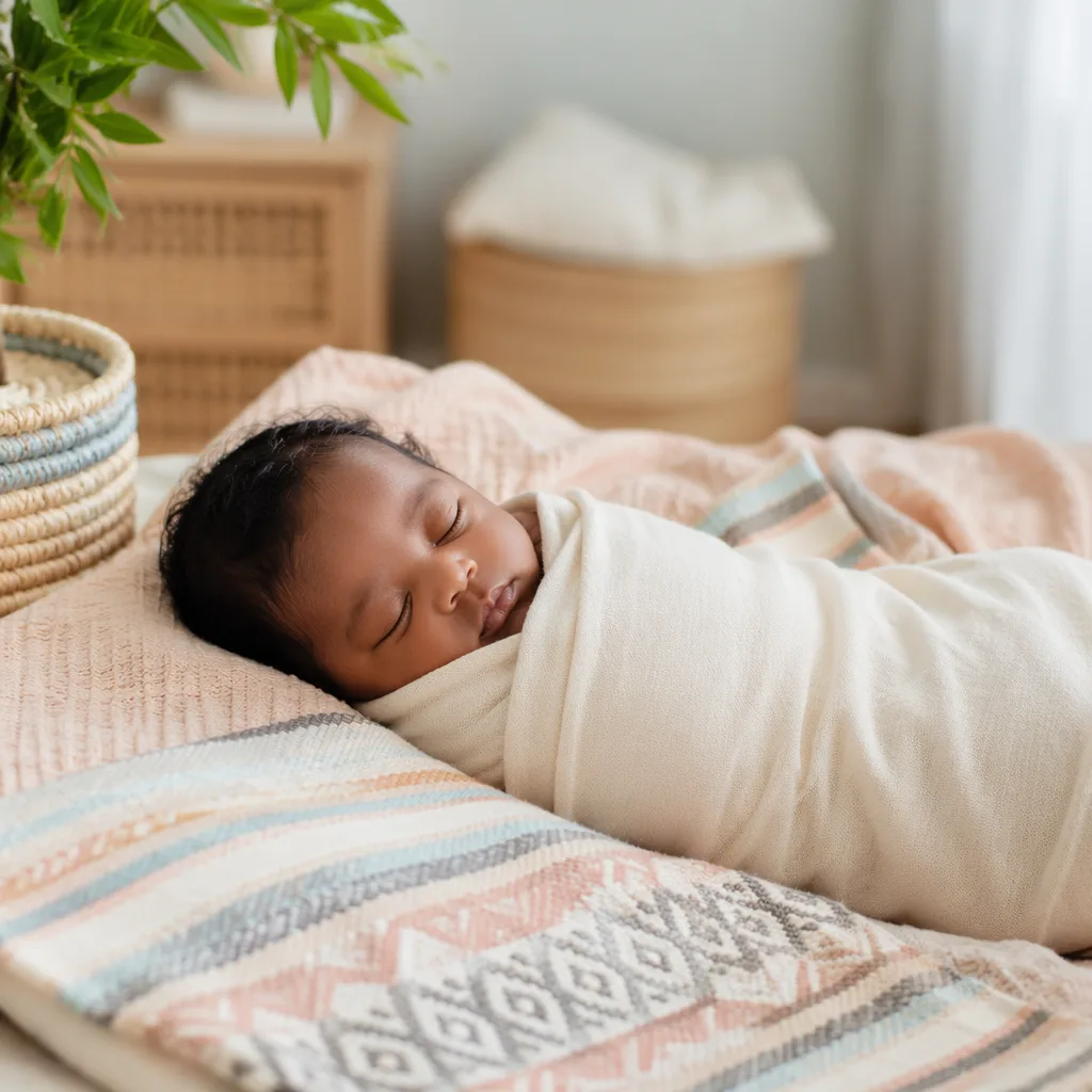 Sleeping baby in a soft Nigerian-inspired nursery with warm natural light.