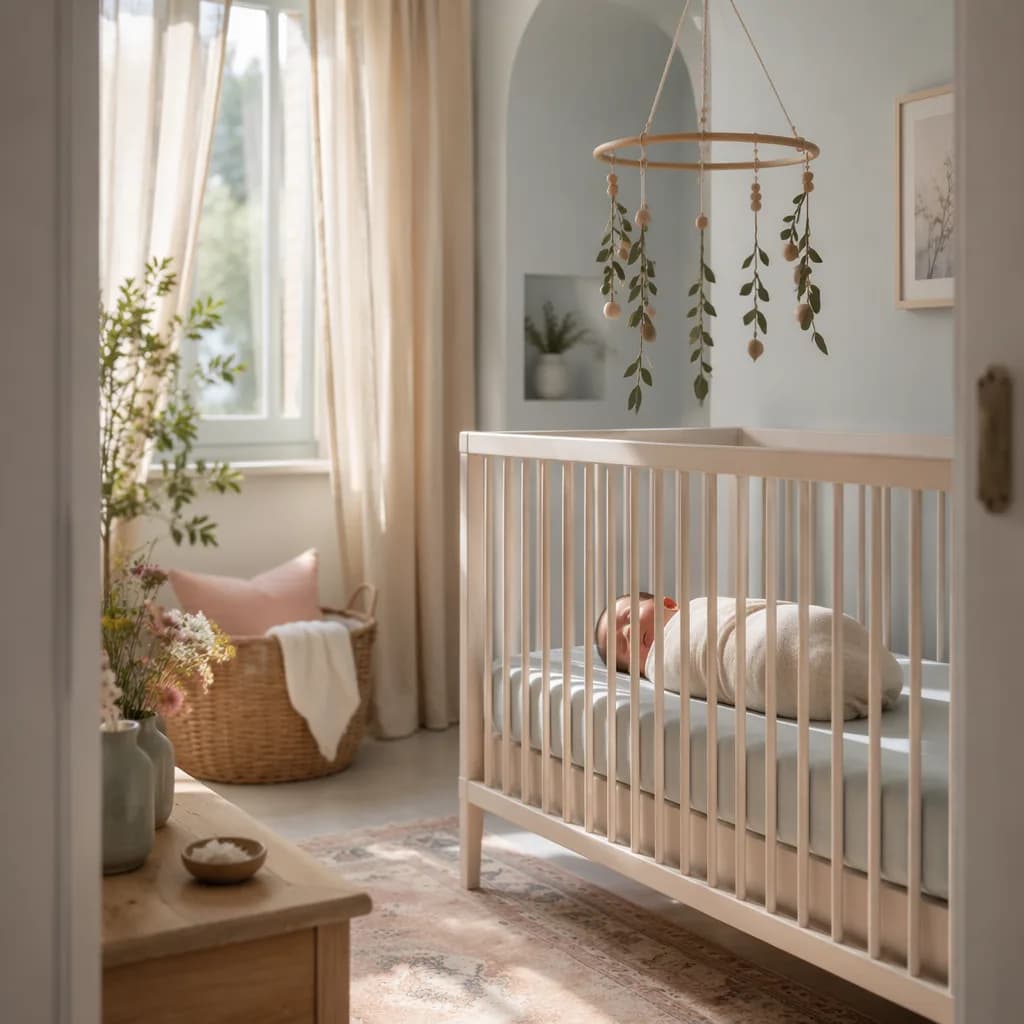 A cozy pastel nursery with a swaddled sleeping baby and subtle Greek olive branch details.