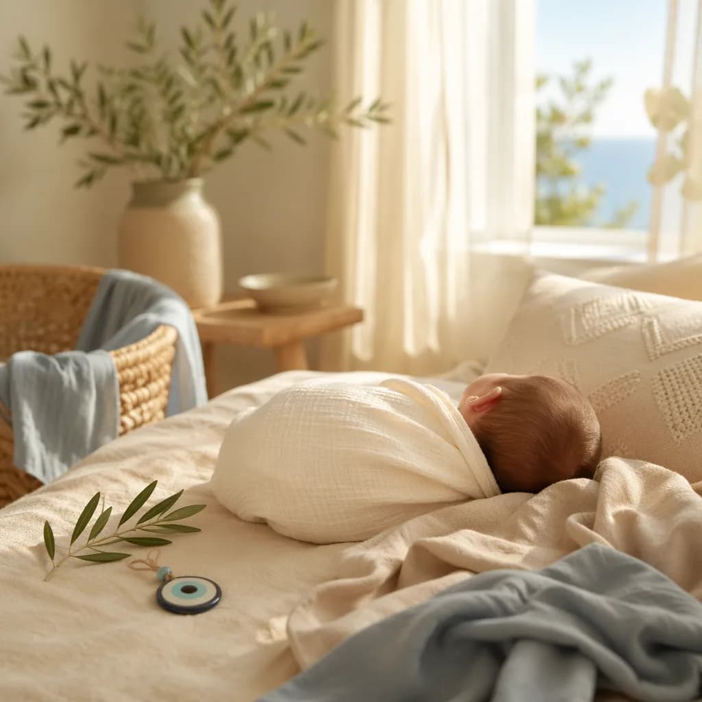 Sunlit Greek-inspired nursery with a swaddled newborn, olive branch, and soft pastel details.