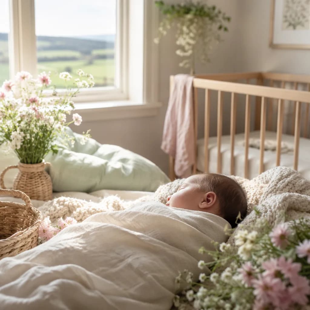 A softly lit Irish-inspired nursery with a swaddled baby and delicate wildflowers.