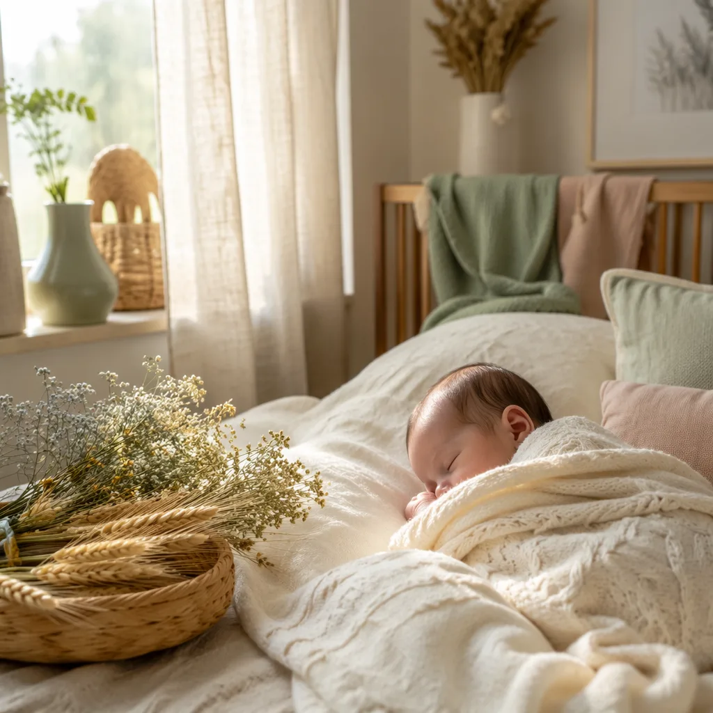 Sleeping baby in a soft Irish-inspired nursery with wheat and wildflowers.