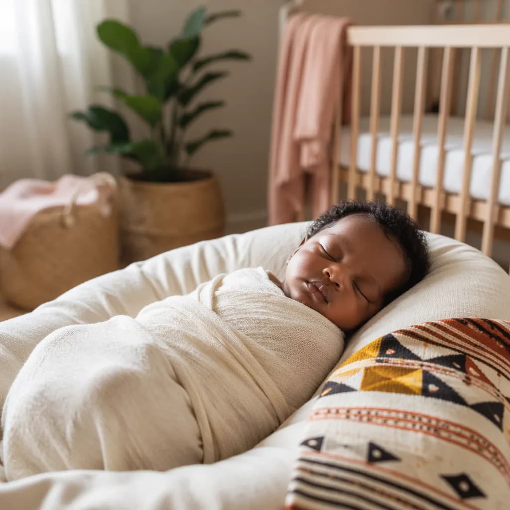 Sleeping newborn in a warm pastel nursery with a subtle Igbo-inspired textile.