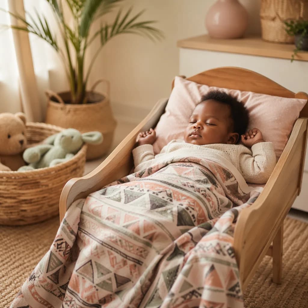Peaceful Nigerian baby in a softly lit cozy nursery with a muted patterned blanket.