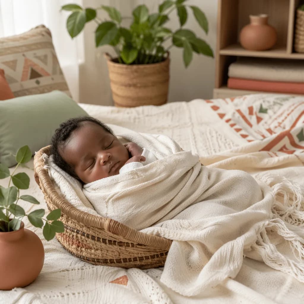 Peaceful newborn in a softly lit nursery with warm Igbo-inspired accents.
