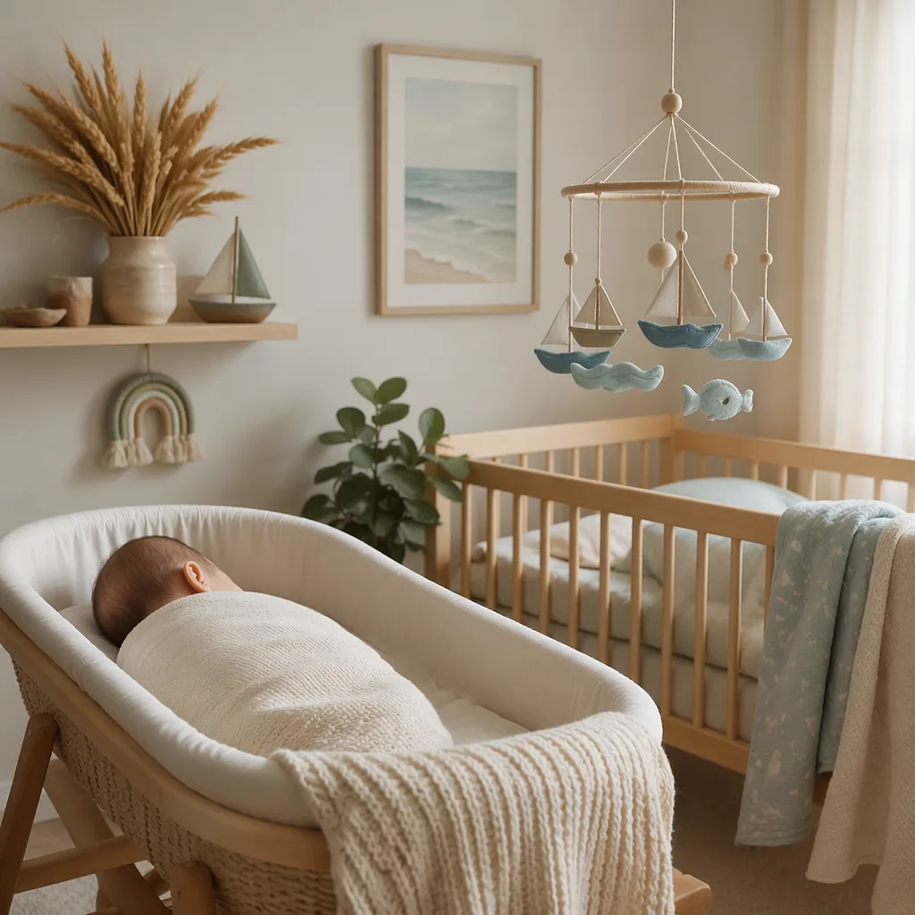 A softly lit nursery with a swaddled baby, wheat accents, and pastel ocean decor.