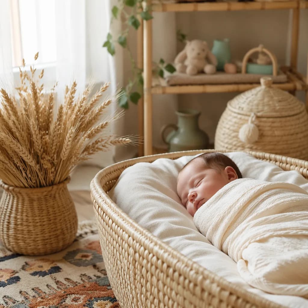 A softly lit nursery with a sleeping swaddled baby and a basket of wheat, evoking harvest and warmth.