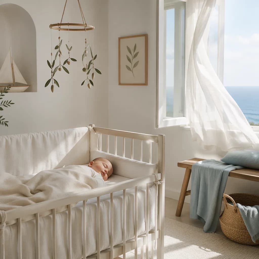 Soft Greek-inspired nursery with a sleeping baby and olive branch details symbolizing freedom.