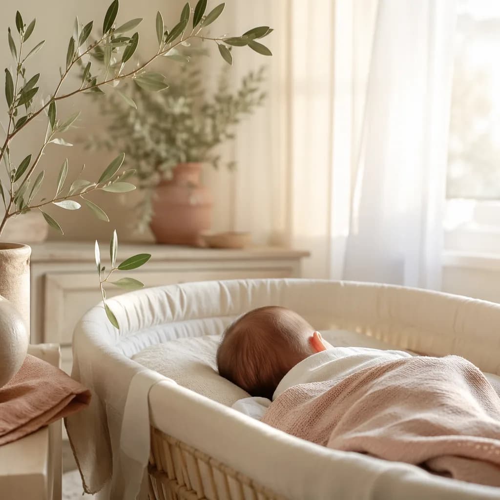 A softly lit pastel nursery with a sleeping baby in a cozy bassinet.