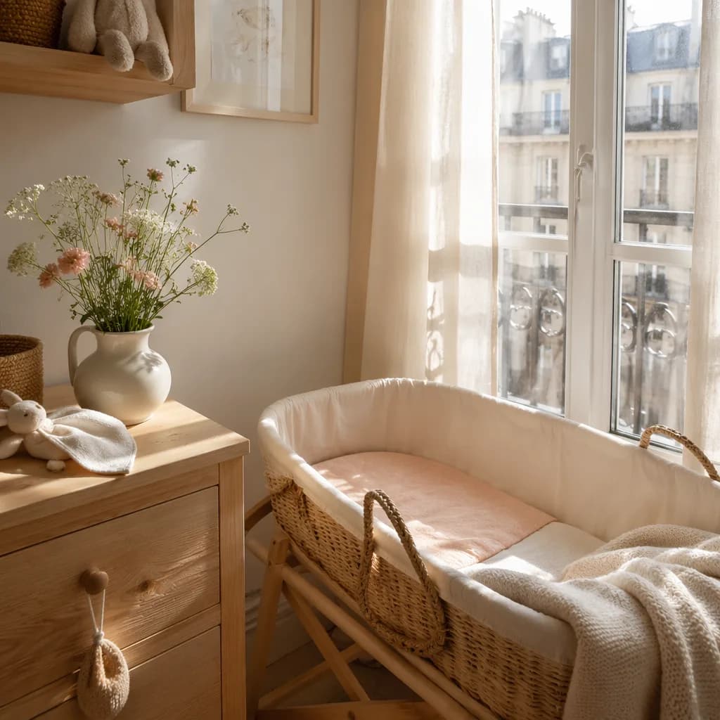 Soft French-inspired nursery with a bassinet, wildflowers, and warm morning light.