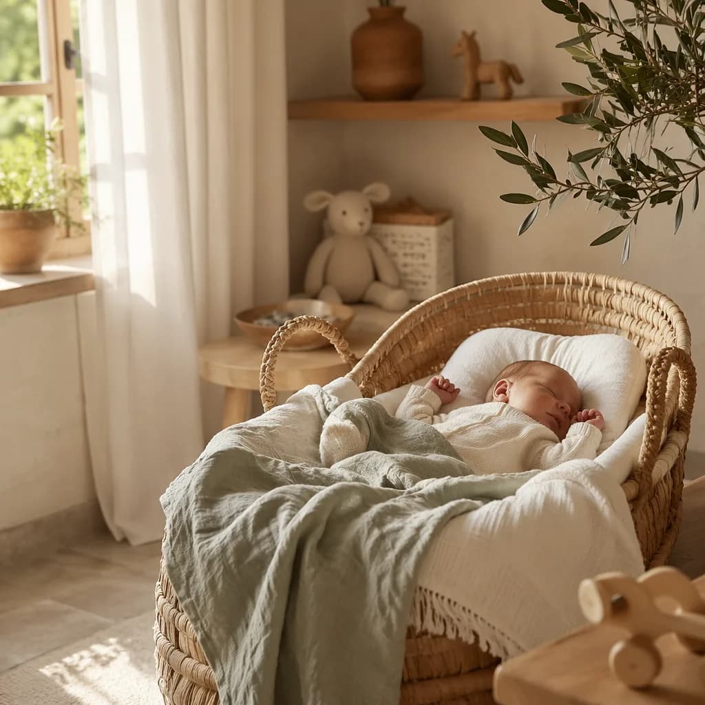 Peaceful baby in a soft Italian-inspired nursery with olive branch accents.