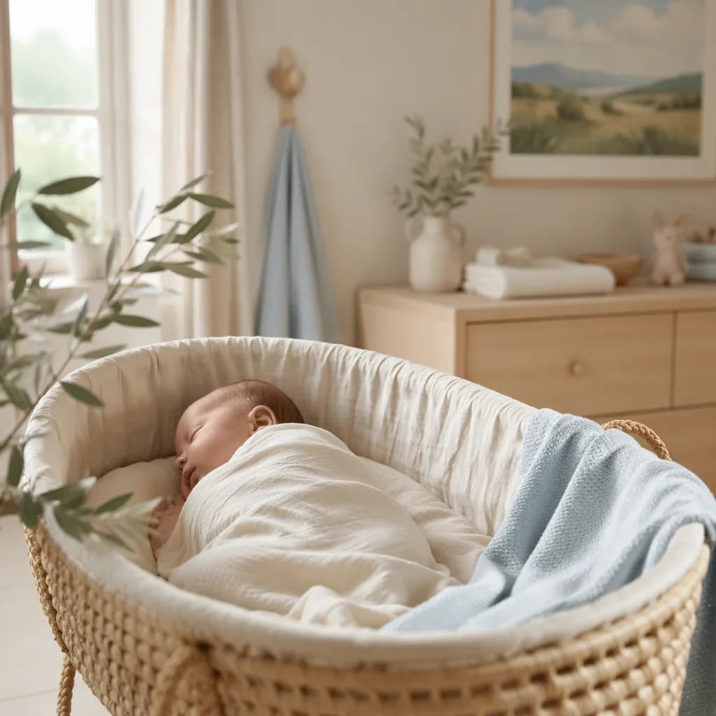 Sleeping newborn in a soft French-inspired nursery with olive branch details.