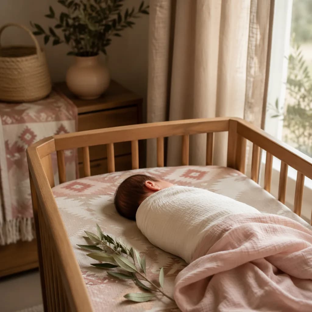 Soft pastel Turkish-inspired nursery with a peacefully swaddled newborn and delicate olive branch.