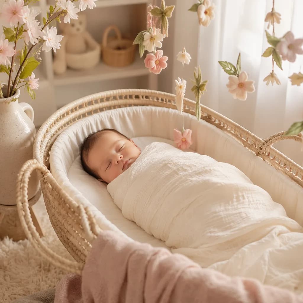A softly lit pastel nursery with a swaddled baby and gentle spring flowers.