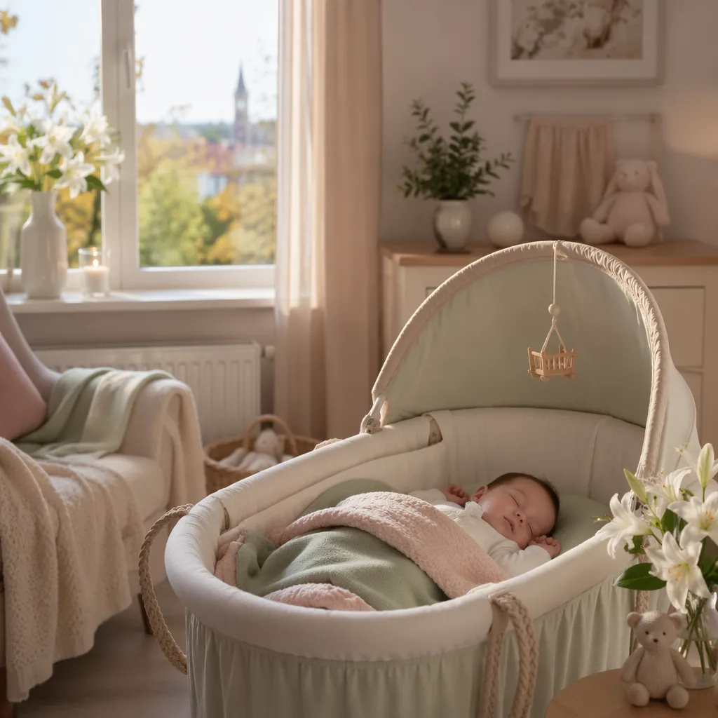 A peaceful pastel nursery with a sleeping baby in a cream bassinet and soft morning light.