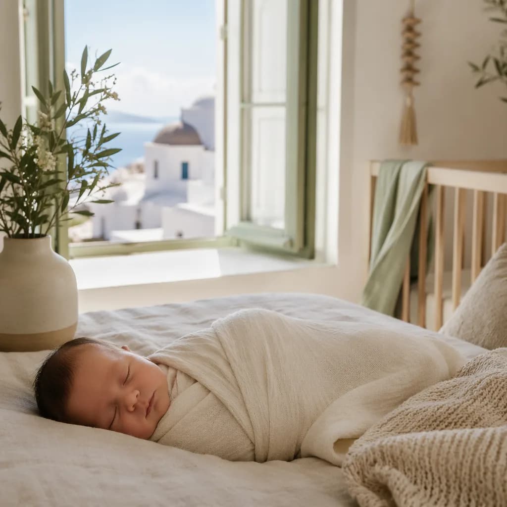 A peaceful Greek-inspired nursery with a swaddled sleeping baby and a myrtle sprig in soft natural light.