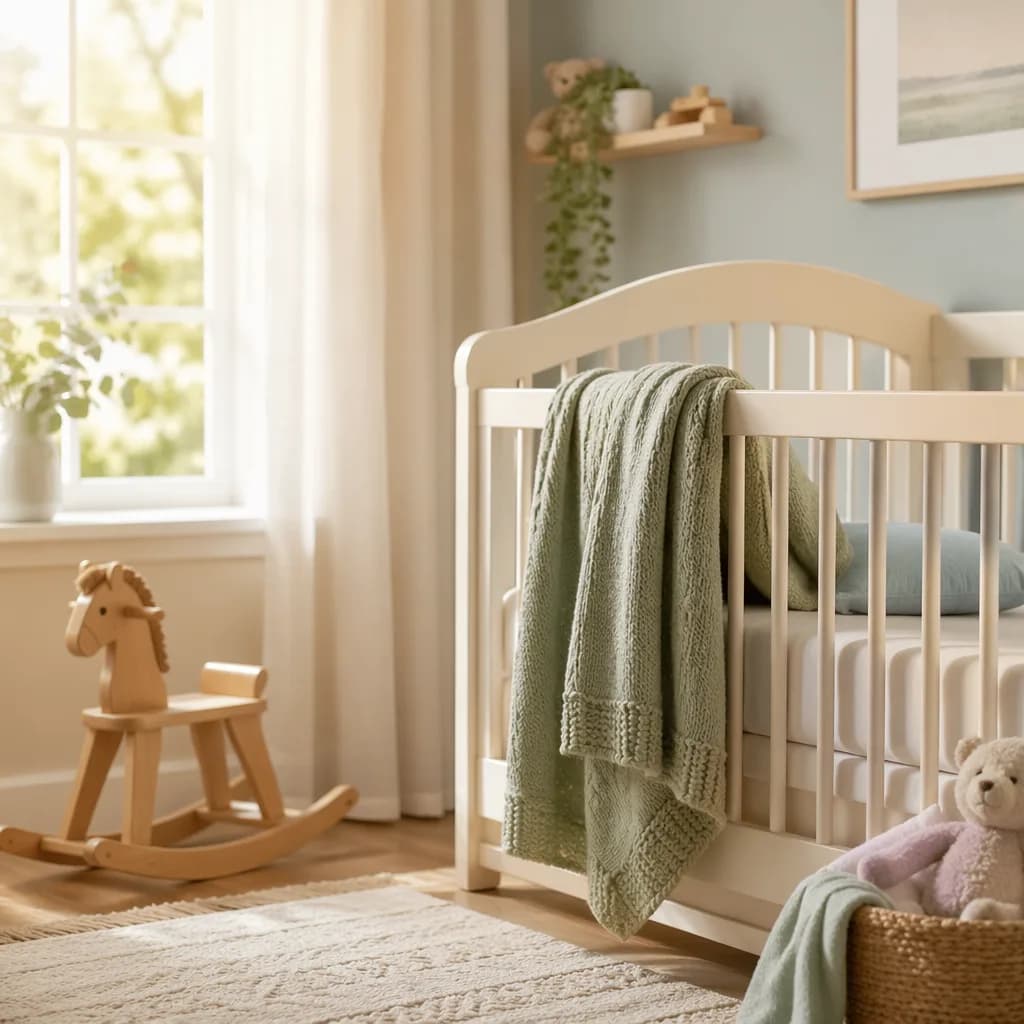 Cozy pastel nursery with crib, knitted blanket, and wooden rocking horse in soft natural light.