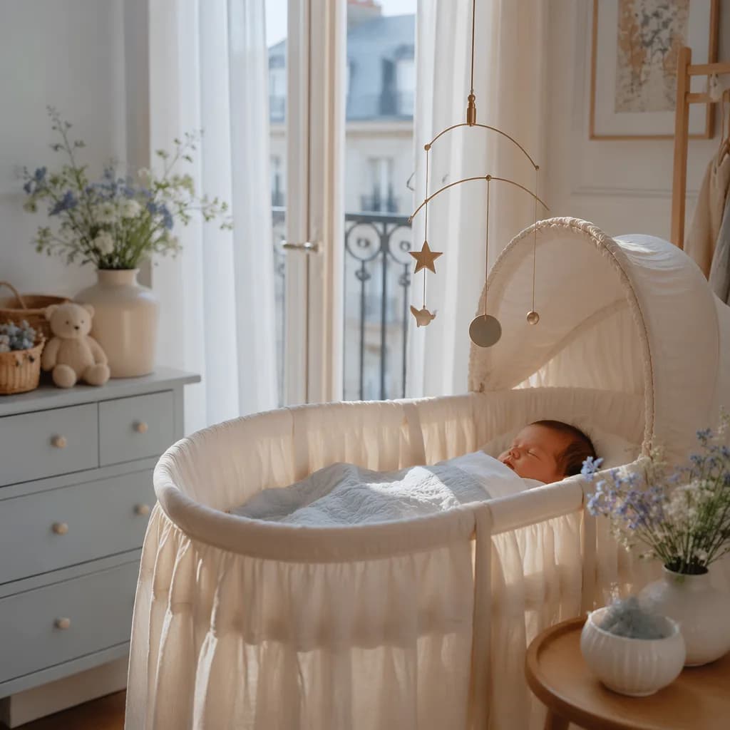 A serene pastel French nursery with a sleeping baby in a cream bassinet and a delicate gold mobile.