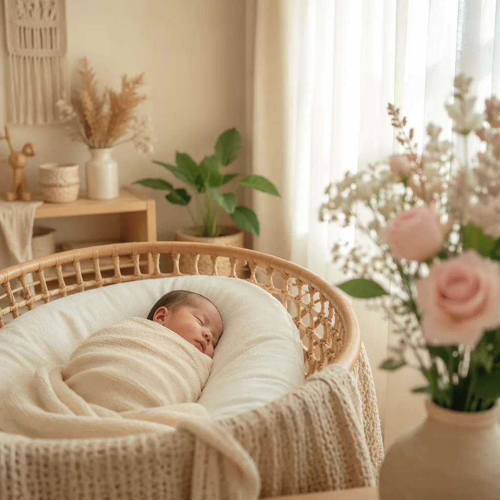 Sleeping baby in a soft pastel Indonesian-inspired nursery with warm natural light.