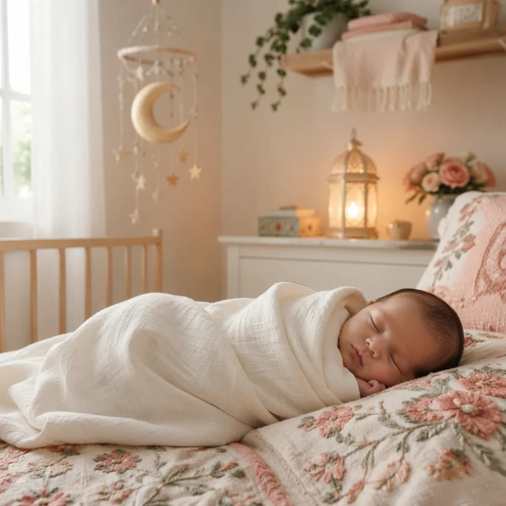 A sleeping newborn in a soft pastel nursery with gentle lantern light and South Asian-inspired decor.