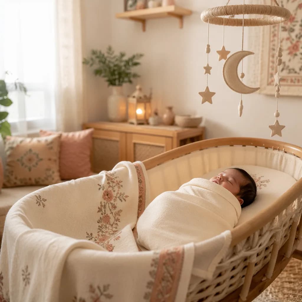 A peaceful newborn in a cozy pastel nursery with crescent moon decor.