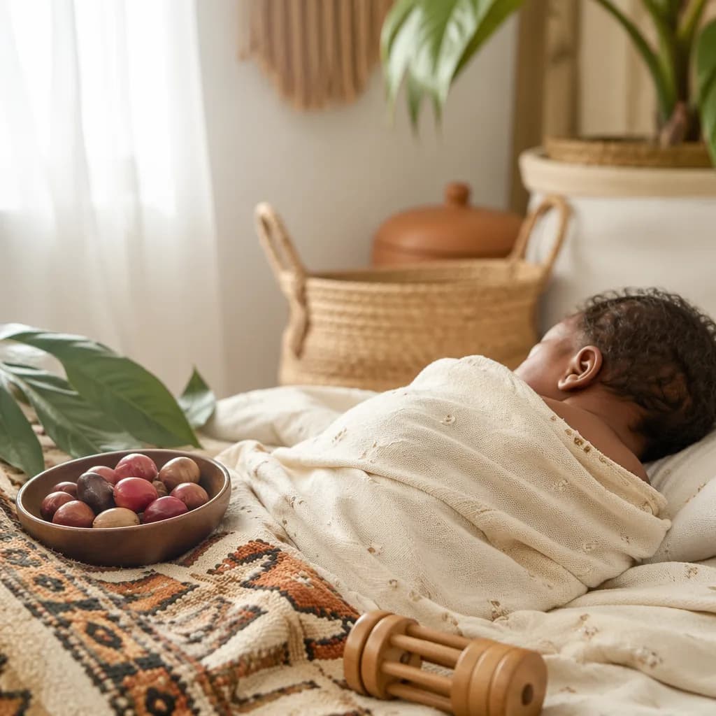 A softly lit Igbo-inspired nursery scene with a swaddled newborn, woven textile, and symbolic kola nuts.