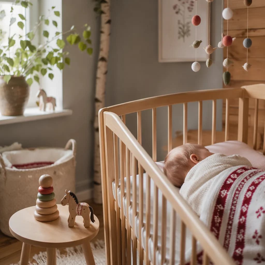 Soft pastel nursery with a peacefully sleeping baby and subtle Polish-inspired accents.