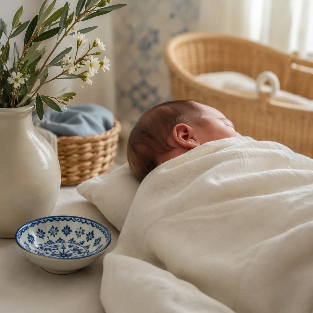 A swaddled newborn in a soft pastel Portuguese-inspired nursery with olive branches and gentle morning light.