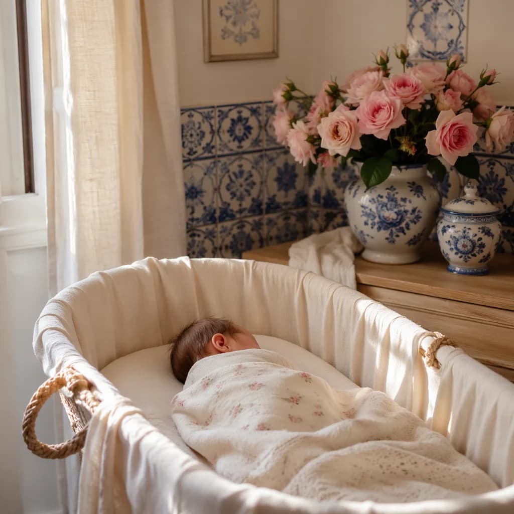 A peaceful Portuguese-inspired nursery with a sleeping newborn and soft pink roses.