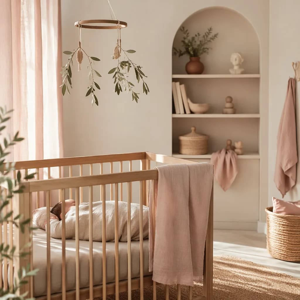 A softly lit pastel nursery with a swaddled sleeping baby and subtle Latin-inspired decor.