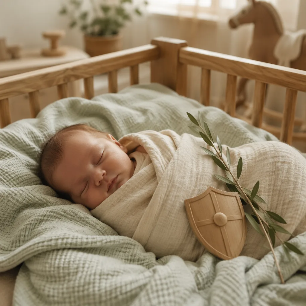 Sleeping baby in a cozy pastel nursery with wooden toy and laurel sprig.