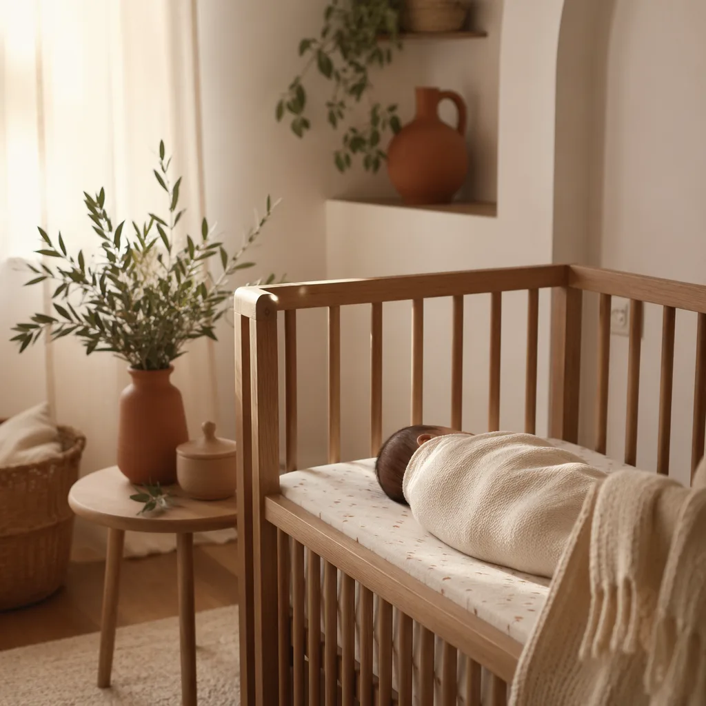 Peaceful swaddled baby in a warm pastel Latin-inspired nursery.