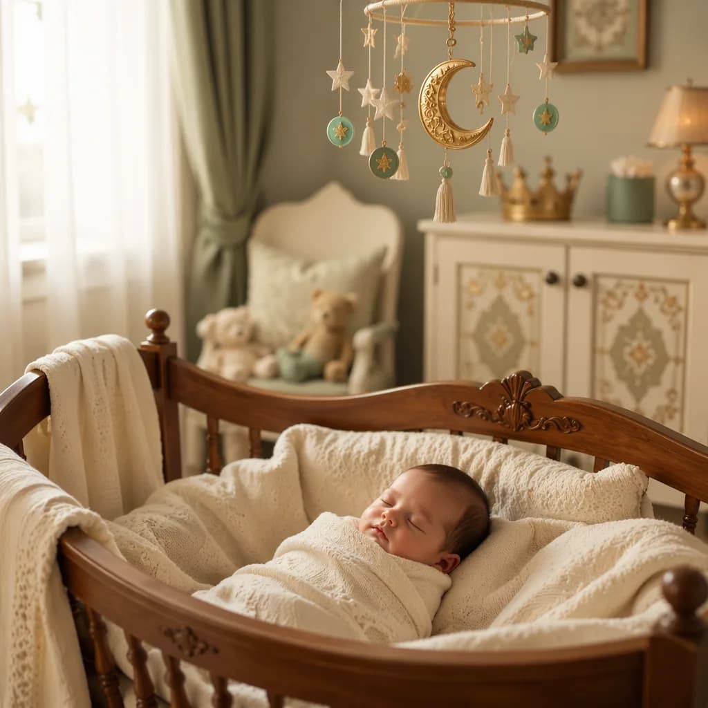 Peaceful swaddled newborn in a cozy Turkish-inspired nursery with soft crescent moon decor.