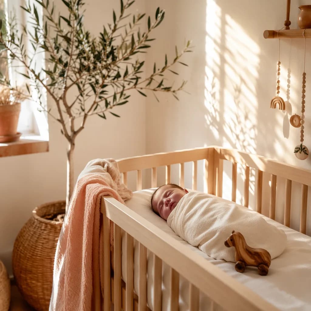 Sleeping baby in a sunlit pastel nursery with warm Spanish-inspired details.