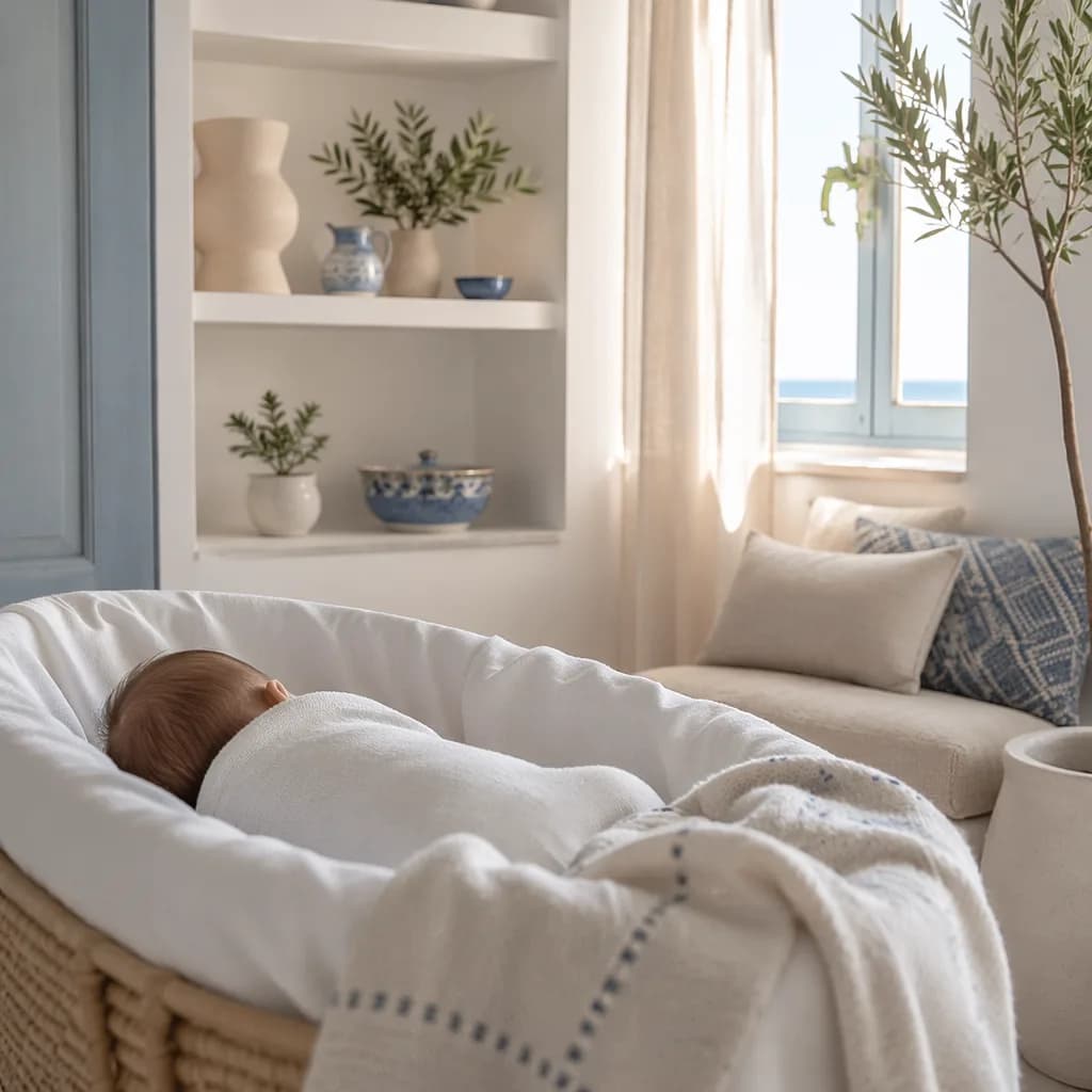 A peaceful Greek-inspired nursery with a sleeping baby, olive branch, and soft blue pastel decor.