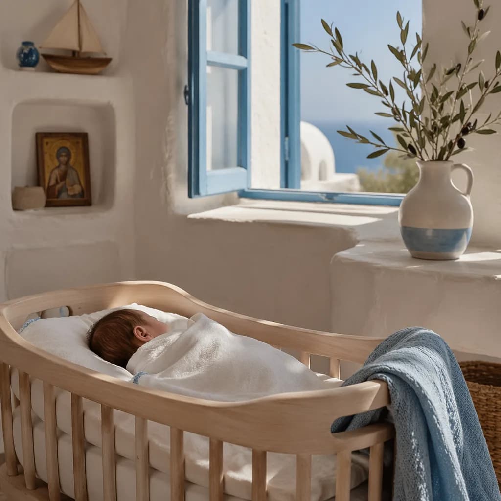 Newborn in a Greek-inspired nursery with soft blue accents and an olive branch.