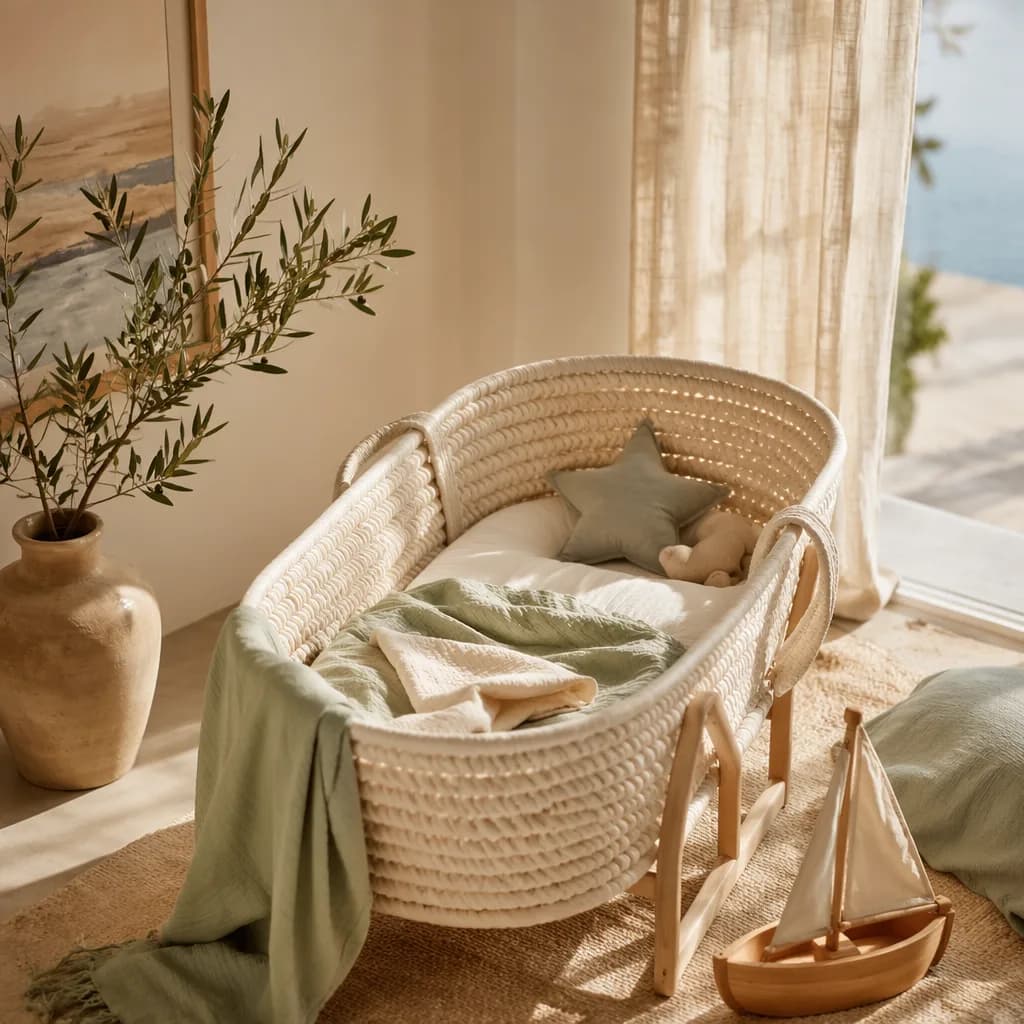 Cozy Italian-inspired nursery still-life with a wooden toy boat and olive branch in soft natural light.