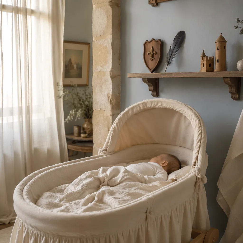 Sleeping baby in a soft French-inspired nursery with gentle heritage details.