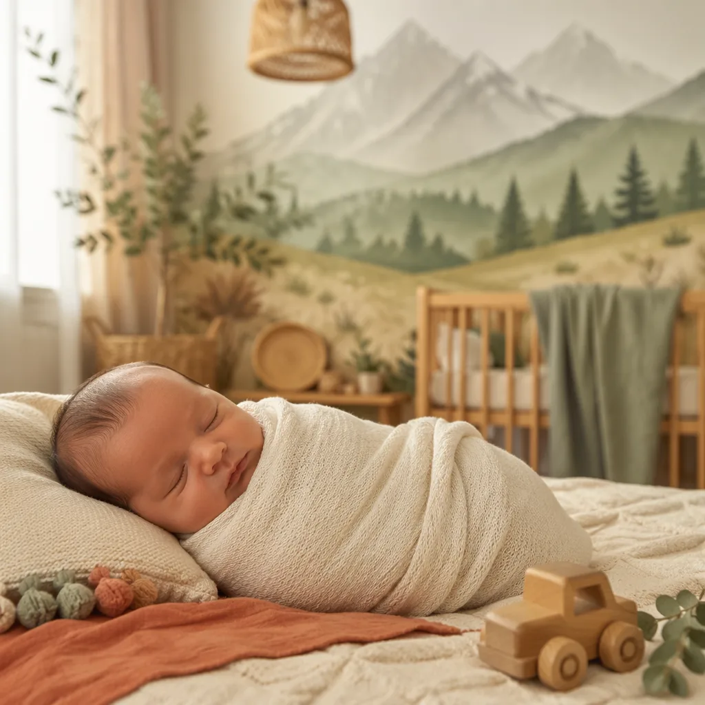 A peacefully sleeping newborn in a warm pastel Spanish-inspired nursery.