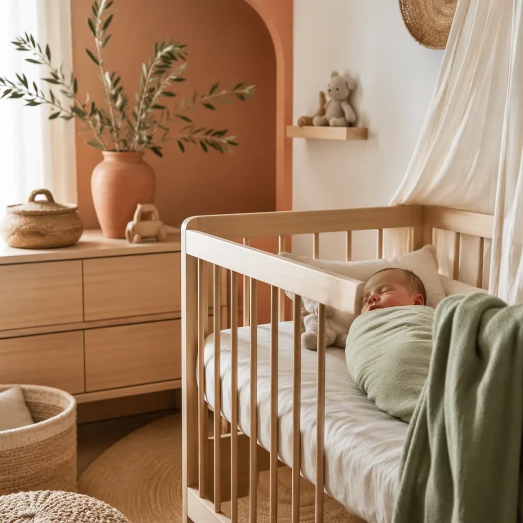A peaceful baby sleeping in a warm pastel Mediterranean-inspired nursery.