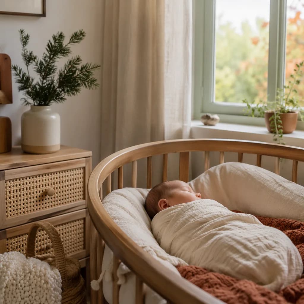 Sleeping newborn in a cozy Irish-inspired nursery with soft pastels and natural light