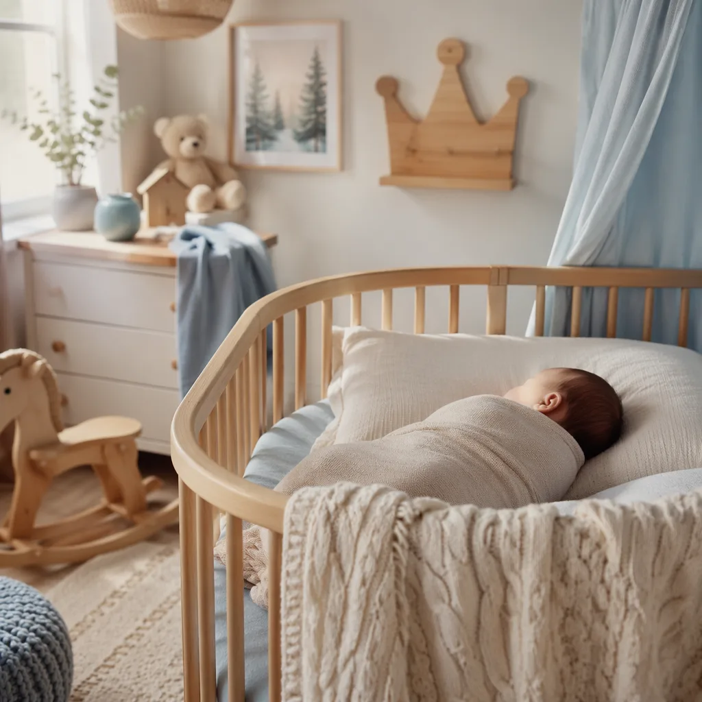 Soft Scandinavian nursery with a swaddled sleeping baby and gentle Nordic decor.