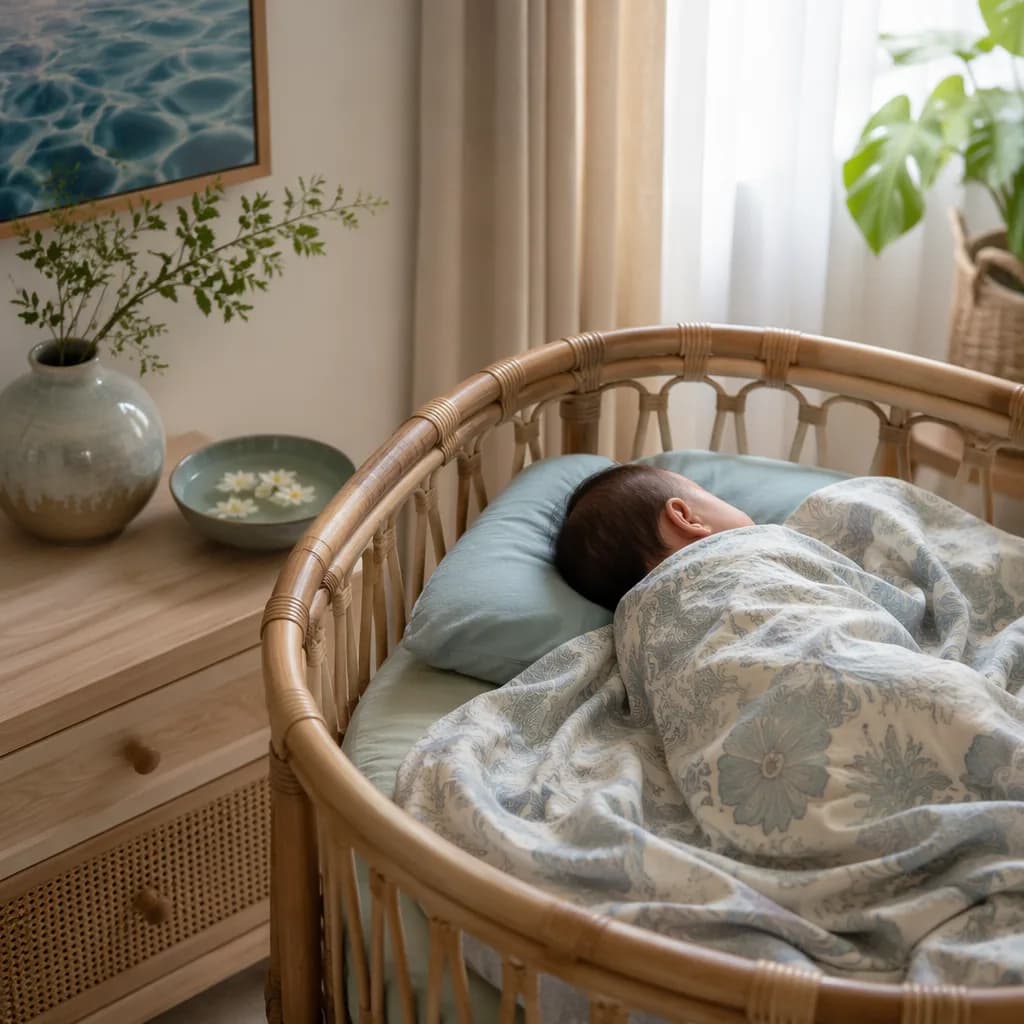 A peaceful Indonesian-inspired nursery with a sleeping baby, soft batik blanket, and gentle water symbolism.