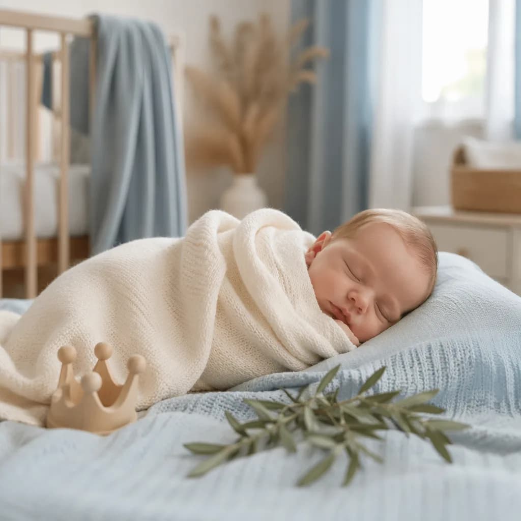 Sleeping swaddled baby in a soft pastel nursery with a wooden crown and laurel sprig.