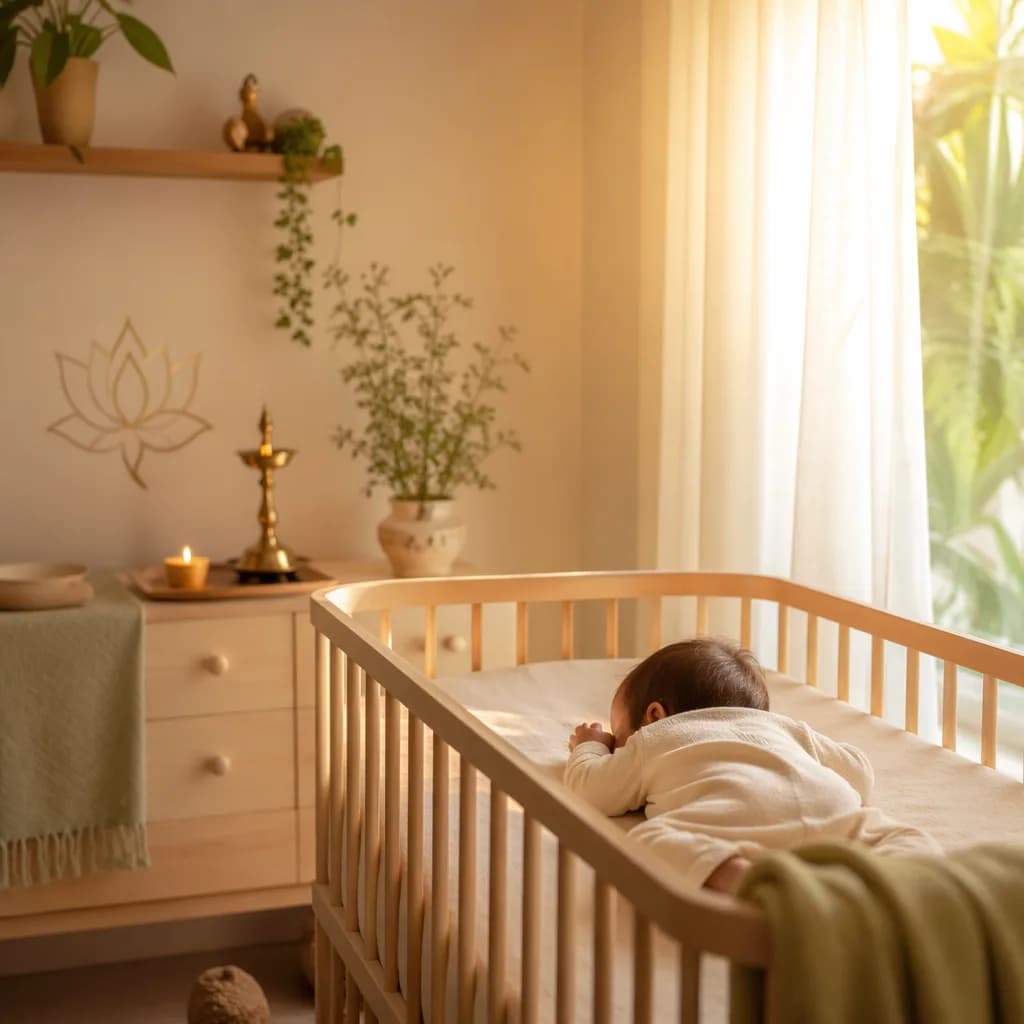 A peaceful pastel nursery with a sleeping baby in warm morning light.