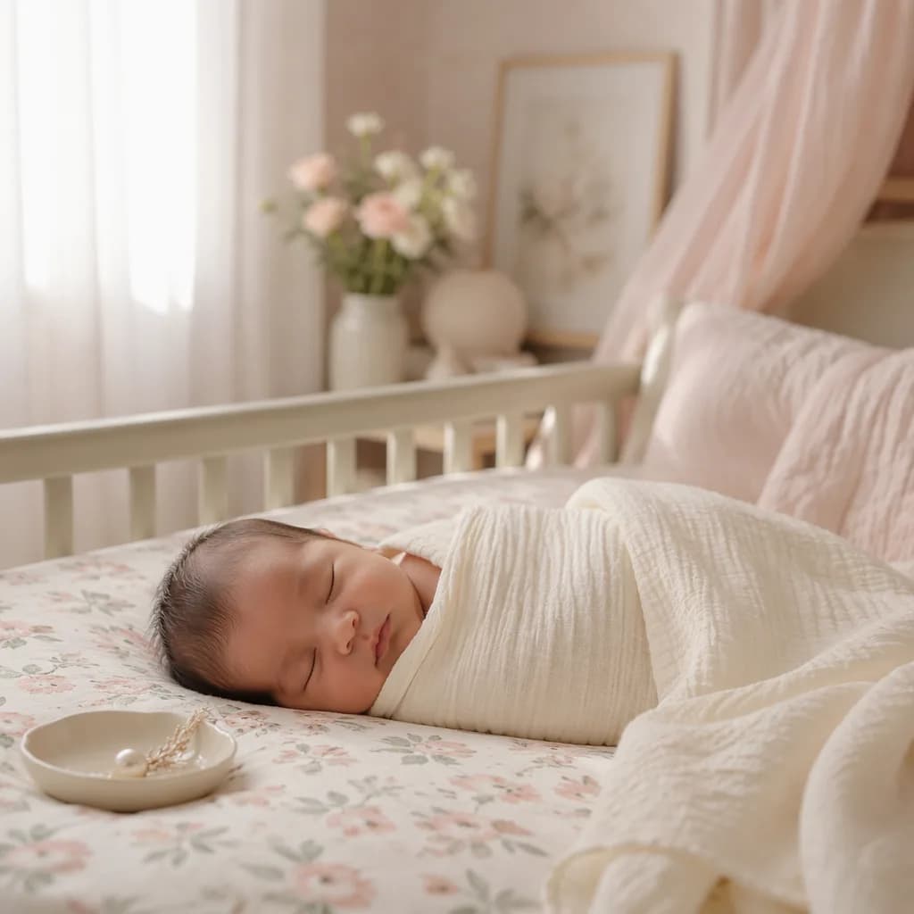 Sleeping newborn in a soft pastel nursery with delicate flowers and warm natural light.
