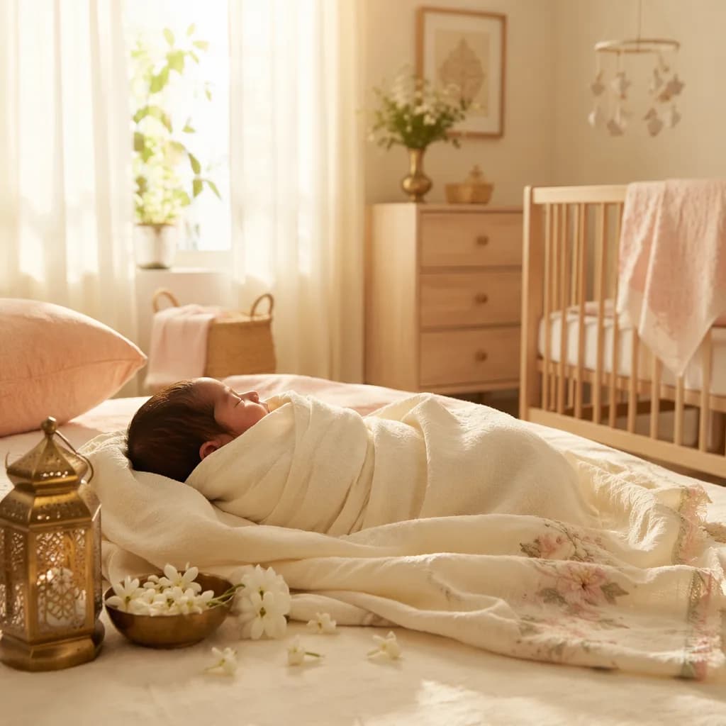 A softly lit modern nursery with a swaddled baby, jasmine flowers, and gentle South Asian-inspired decor.