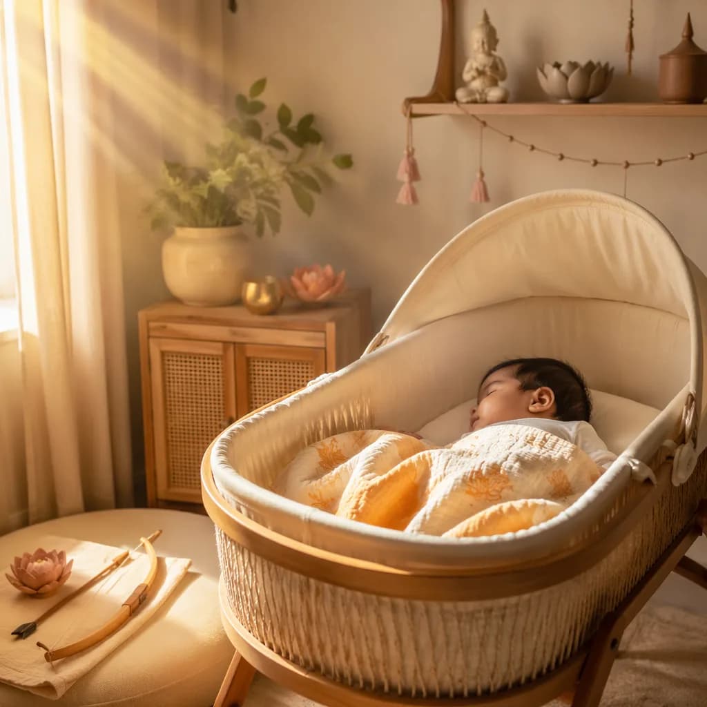 Peaceful Indian baby in a soft pastel nursery with subtle sun, lotus, and bow-inspired details.