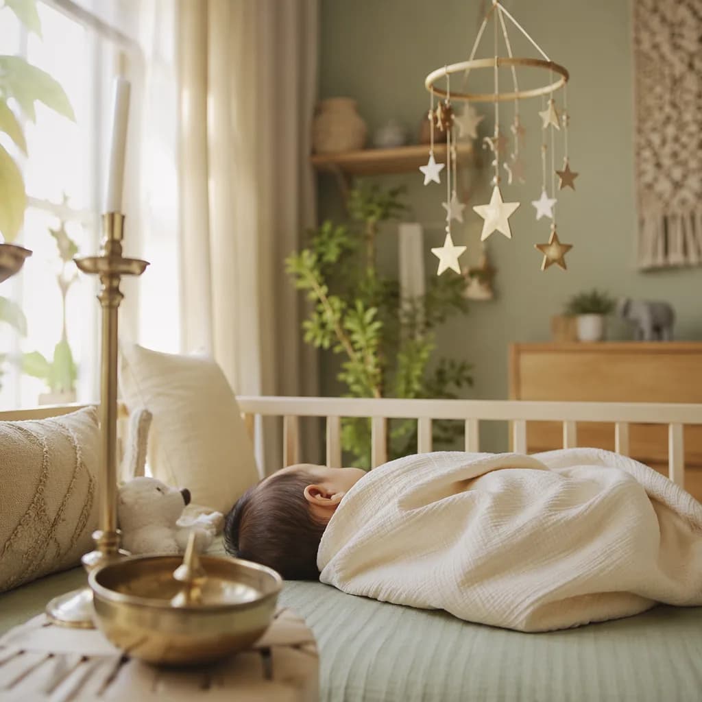 Sleeping baby in a soft pastel nursery with a star mobile and gentle morning light.