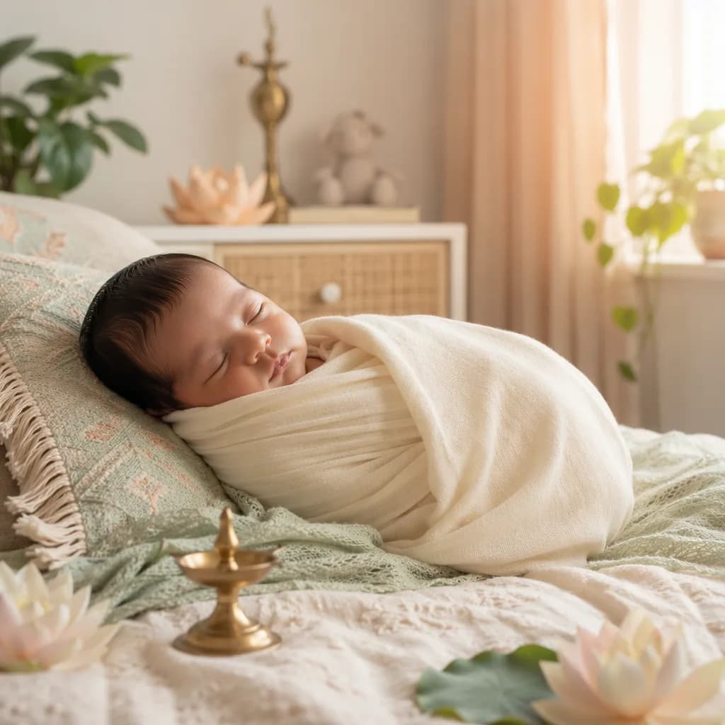 Sleeping newborn in a soft pastel nursery with lotus flowers and warm natural light.